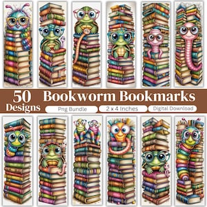 50 Bookworm Bookmarks PNG Bundle, Cute Book Lover Clipart, Adorable Book Stack Sublimation Designs, Reading Lover Png, Digital Download