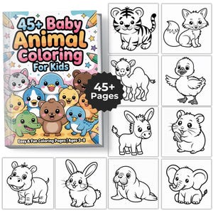 Puede incluir: Un libro para colorear para ni&ntilde;os titulado "45+ Baby Animal Coloring For Kids" con una portada colorida con animales de dibujos animados. El libro est&aacute; acompa&ntilde;ado de nueve ilustraciones cuadradas individuales de varios animales, todas en blanco y negro.