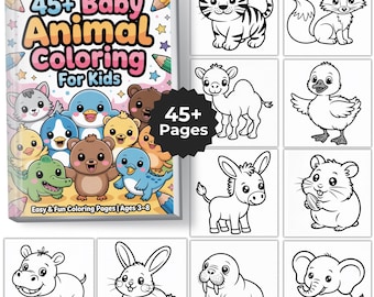 Könnte beinhalten: Ein Malbuch für Kinder mit dem Titel "45+ Baby Animal Coloring For Kids" mit einem farbenfrohen Cover mit Cartoon-Tieren. Das Buch wird von neun einzelnen quadratischen Illustrationen verschiedener Tiere begleitet, alle in Schwarz und Weiß.