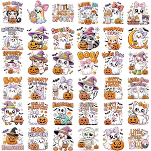 May include: A collection of thirty-six Halloween-themed stickers featuring cartoon characters including ghosts, cats, raccoons, and skeletons. Each sticker displays festive text like Boo Crew, Sweet Boo, and Pumpkin Hugs with orange, purple, and white colors.