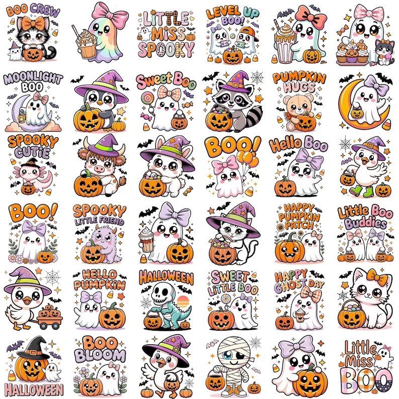 May include: A collection of thirty-six Halloween-themed stickers featuring cartoon characters including ghosts, cats, raccoons, and skeletons. Each sticker displays festive text like Boo Crew, Sweet Boo, and Pumpkin Hugs with orange, purple, and white colors.