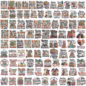 May include: A collection of colorful book-themed stickers with various quotes and phrases. Designs include stacks of books, open books, and whimsical illustrations, perfect for book lovers and crafters.