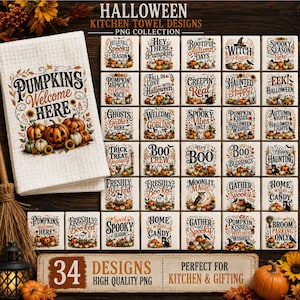 Può includere: Una collezione di 34 design per strofinacci a tema Halloween con zucche, fantasmi e motivi autunnali, inclusi testi come Pumpkins Welcome Here, Spooky Season e Boo Crew, mostrati su uno strofinaccio bianco a nido d'ape e in una griglia.