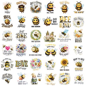 Pode incluir: Uma coleção de trinta e seis ilustrações individuais apresentando abelhas de desenho animado, coroas de flores, girassóis e gnomos, acompanhadas por várias frases de texto como Bee Happy, Bee Kind, Bee Queen e Save the Bees.