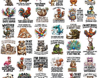 55+ Funny Sarcastic Animals PNG Bundle, Cute Animal Humor Quotes, Funny Animal Sublimation Designs, Sassy Animal Shirt PNG, Digital Download