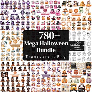 May include: A digital collection of 780+ Halloween-themed graphic illustrations featuring gnomes, ghosts, pumpkins, black cats, and skeletons in various colours. The bundle includes transparent PNG files with diverse seasonal designs and text labels.