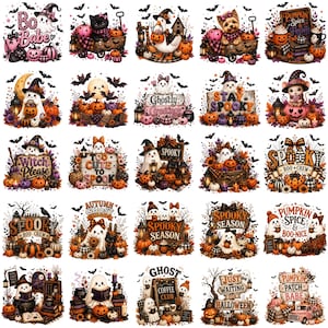 May include: A collection of twenty distinct Halloween-themed digital illustrations featuring ghosts, pumpkins, black cats, and bats. Each design incorporates seasonal elements like autumn leaves, lanterns, and festive text such as Boo Babe and Spooky Season.