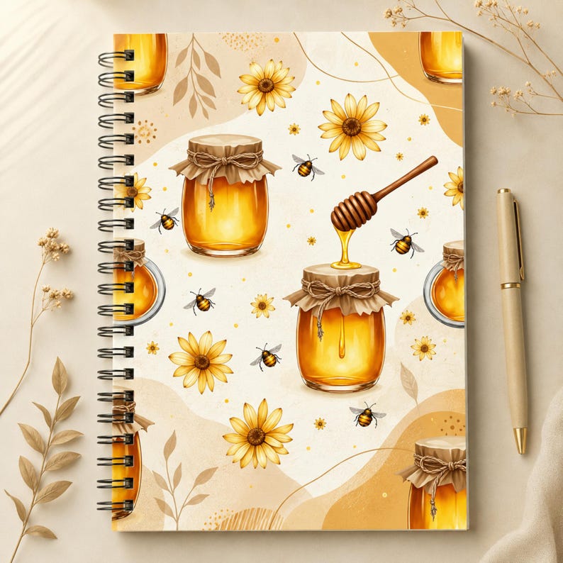 May include: A spiral-bound notebook featuring a repeating pattern of honey jars, yellow sunflowers, and small bees on a cream-colored background. One honey jar is shown with a wooden honey dipper drizzling honey into it, and the cover has a black wire coil.
