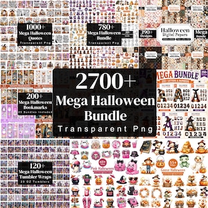 Puede incluir: Una colección gráfica digital titulada 2700+ Mega Halloween Bundle Transparent Png, que presenta numerosas ilustraciones con temática de Halloween, citas, papeles digitales, marcapáginas, envoltorios para vasos y letras del alfabeto.