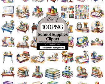 School Supplies PNG Clipart Bundle, Books, Desk, Globe, Paint, Pencils, Clock Png, Watercolor Classroom Back to School, Teacher graphics Png