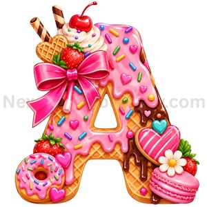 May include: A letter A shaped like a waffle cone, covered in pink icing and chocolate drizzle. It is decorated with a large pink bow, a red cherry, strawberries, a doughnut, a heart-shaped biscuit, a macaron, and colourful sprinkles.
