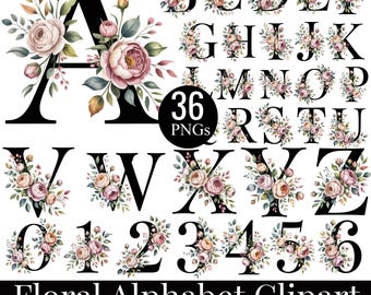 36 Watercolor Floral Alphabet Clipart Bundle, A-Z and 0-9 Flower Letters PNG, Botanical Monogram & Initials, Card Making, Digital Download