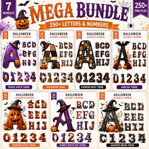 May include: A digital graphic set titled MEGA BUNDLE 250+ LETTERS & NUMBERS featuring seven distinct Halloween-themed alphabet and number collections. Each set displays letters A through J and numbers 0 through 4 with varied designs including pumpkins, witches, ghosts, bats, and wood textures.