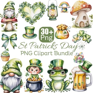 Puede incluir: Un paquete de imágenes prediseñadas PNG de acuarela con ilustraciones temáticas del Día de San Patricio. La imagen incluye un gnomo, un trébol en forma de corazón, una linterna, un arcoíris con un caldero de oro, una casa de hongos, un sombrero de copa, un lazo, una magdalena, un bebé en un caldero de oro y una rana.