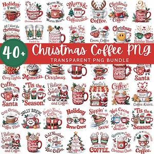 Puede incluir: Una colección de más de 40 imágenes PNG de café con temática navideña. Las imágenes presentan varias tazas con diseños festivos, frases navideñas e ilustraciones de Papá Noel. También está presente el texto "Christmas Coffee PNG".