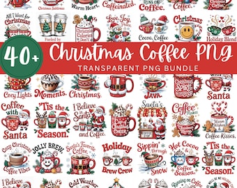 May include: A collection of over 40 Christmas-themed coffee PNG images. The images feature various mugs with festive designs, holiday phrases, and Santa Claus illustrations. The text "Christmas Coffee PNG" is also present.