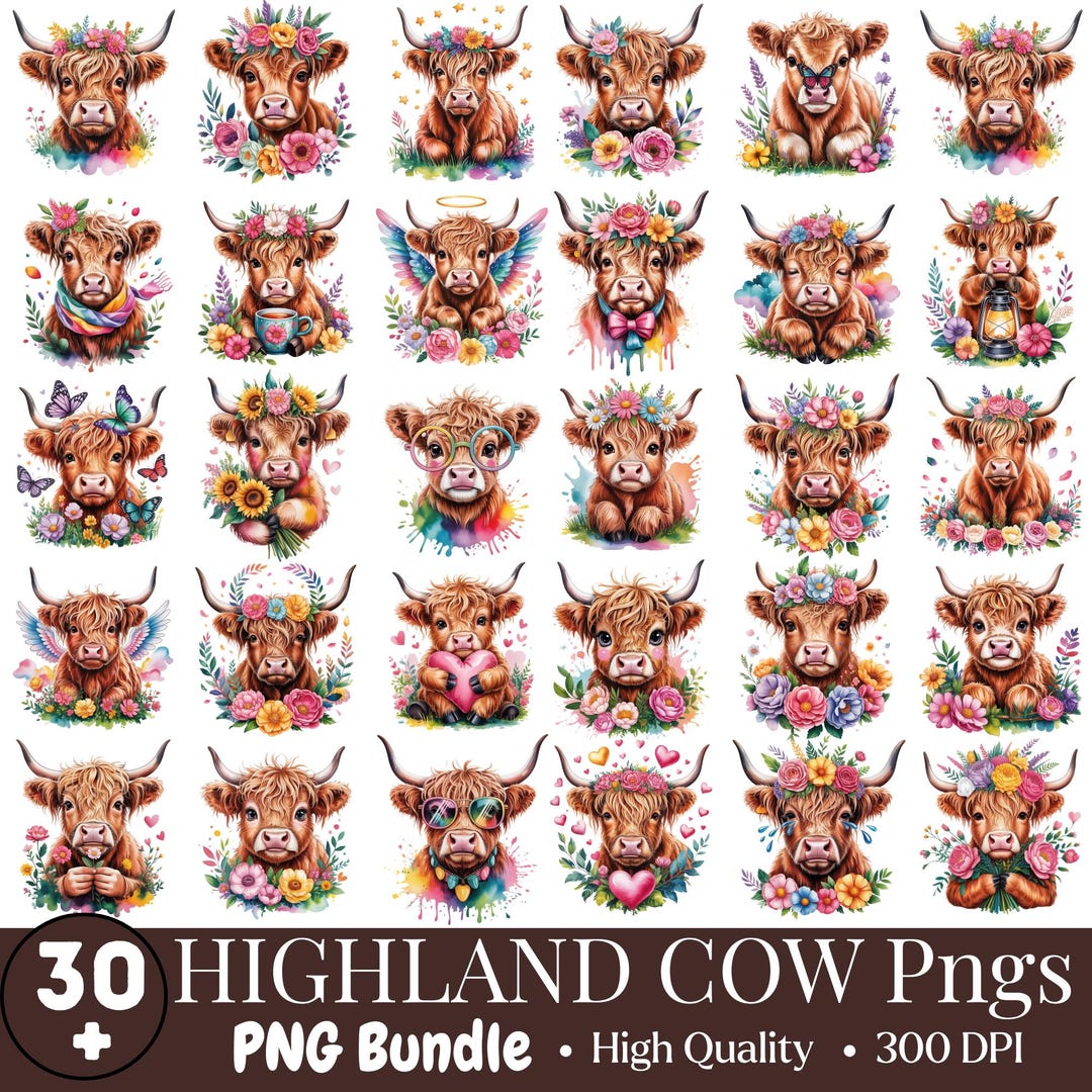 30+ Highland Cow Floral PNG Bundle, Funny Baby Cow Clipart, Boho Farm ...