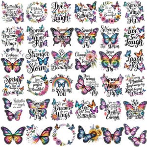 May include: A selection of butterfly-themed designs with motivational phrases. The butterflies are in various colours and patterns, with text including "Spread Your Wings and Fly" and "Change is Beautiful". Ideal for crafting projects.