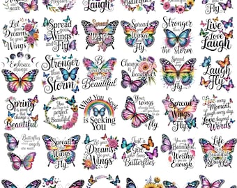 49 Motivational Butterfly Quotes Clipart Png Bundle, Inspirational Quotes Sublimation, Watercolor Butterfly Clipart, Digital Download