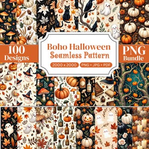 May include: A digital collection of 100 seamless patterns featuring Halloween themes including white ghosts, orange pumpkins, black cats, crows, mushrooms, potion bottles, and autumn leaves. The central text reads Boho Halloween Seamless Pattern.