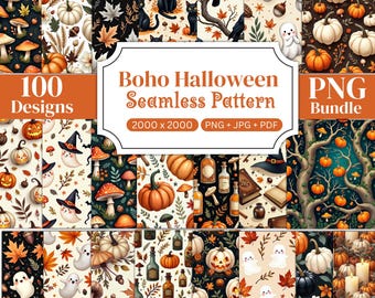 Boho Halloween Seamless Paper Bundle, Cottagecore Halloween Digital Papers, Black Cat & Pumpkin Patterns, Printable Scrapbook Papers