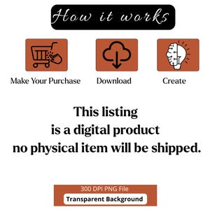 May include: White graphic with the text "How it works" at the top. Below are three icons with the words "Make Your Purchase", "Download", and "Create". The text "This listing is a digital product no physical item will be shipped" is also included.