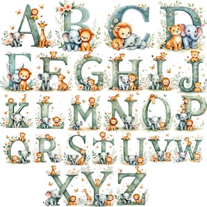 Könnte beinhalten: Aquarell-Alphabet von A bis Z, verziert mit entzückenden Tierillustrationen. Die Buchstaben sind in einem sanften Grünton gehalten und mit floralen Akzenten und Schmetterlingen verziert. Die Tiere umfassen Elefanten, Löwen und Giraffen.