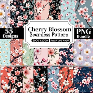 May include: A collection of seamless patterns featuring cherry blossom designs in various colors, including pink, white, and black. The image includes the text "Cherry Blossom Seamless Pattern" and "55+ Designs". The patterns are available as a PNG bundle.