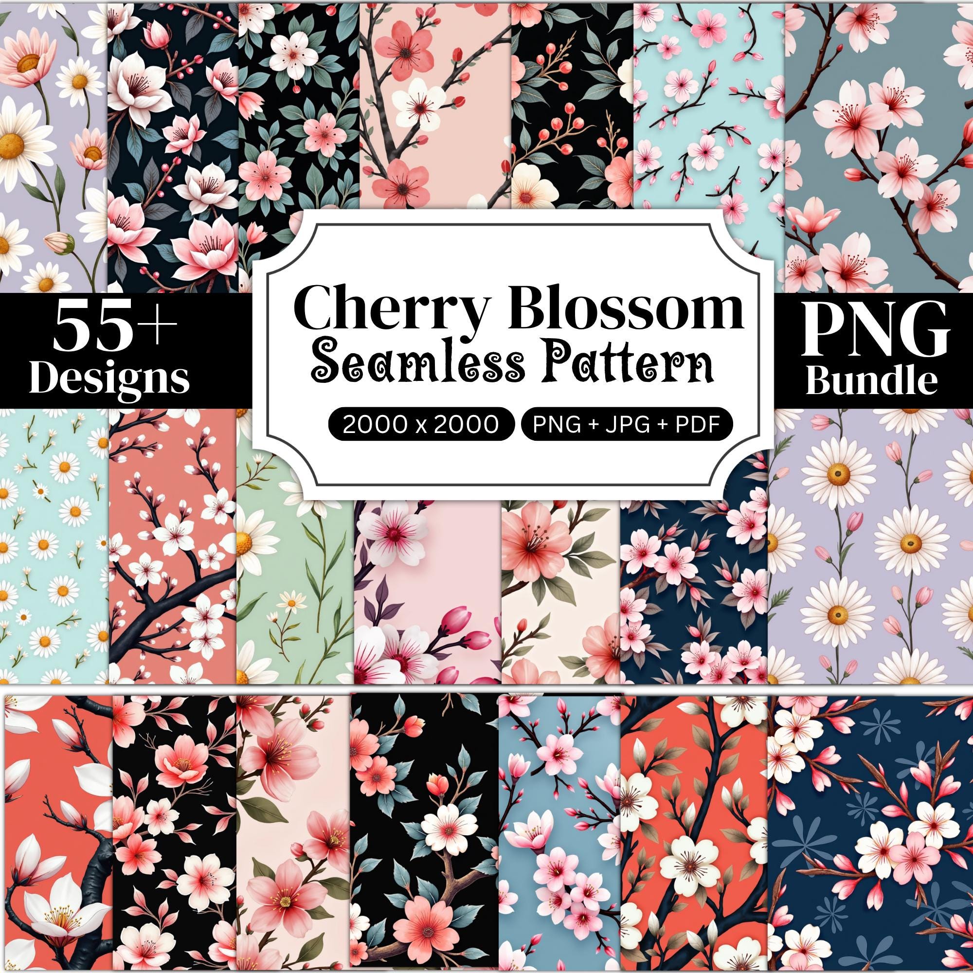 Cherry Blossom Seamless Pattern Bundle, Floral Repeat Pattern Digital ...