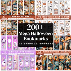 May include: A digital collection of 200+ printable bookmarks featuring various themes including autumn harvest scenes with pumpkins, Halloween ghosts, and horror illustrations. Each bookmark design is rectangular and measures 5 x 10 cm.