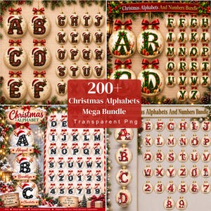 May include: A digital collection of Christmas-themed alphabet and number graphics featuring round ornaments decorated with red bows, Santa hats, and festive patterns. The set includes various letter and number designs displayed in multiple grid layouts.
