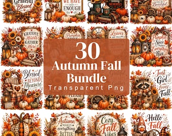 Könnte beinhalten: Eine digitale Sammlung von 30 herbstlichen Illustrationen mit Kürbissen, Sonnenblumen, Laternen, Waschbären und Gnomen. Jedes Design enthält saisonale Texte wie Thankful Grateful Blessed, Fall is proof that change can be beautiful und Pumpkin Spice makes everything nice.