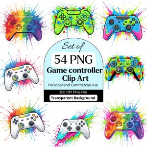 Puede incluir: Una colección de imágenes prediseñadas de mandos de juego coloridos. Los mandos presentan una variedad de diseños, incluyendo arcoíris, verde, azul y blanco, sobre fondos vibrantes de salpicaduras de pintura. La imagen incluye el texto "Set of 54 PNG Game controller Clip Art".
