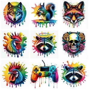 May include: A collection of colorful graphic designs featuring various animals and objects. The designs include a wolf, squirrel, fox, rooster, raccoon, skull, and a video game controller. Each design has a vibrant, rainbow-colored splash effect.