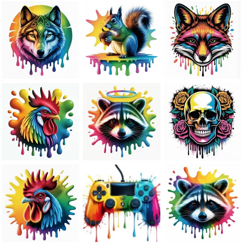 May include: A collection of colorful graphic designs featuring various animals and objects. The designs include a wolf, squirrel, fox, rooster, raccoon, skull, and a video game controller. Each design has a vibrant, rainbow-colored splash effect.