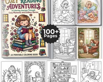 Libro para colorear de lectura acogedora en PDF, libro de lectura para niñas en PNG, más de 100 páginas para colorear imprimibles, libro para colorear relajante, páginas para colorear para adultos y niños.