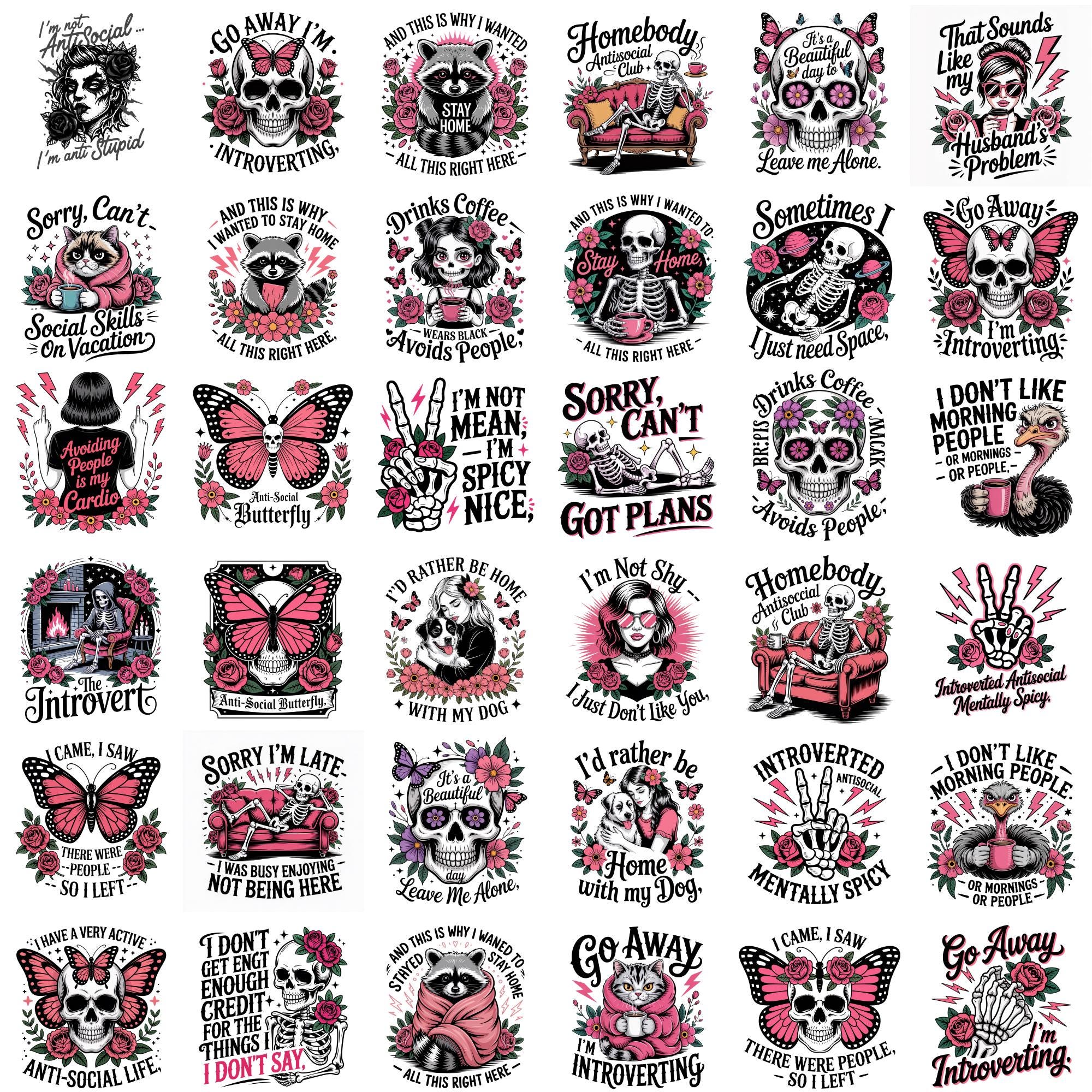100+ Funny Antisocial Skulls PNG Bundle, Sarcastic Skeleton Quotes ...