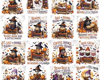 May include: A collection of sixteen Halloween-themed illustrations featuring ghosts, skeletons, and witches reading books. Each square includes text such as Books, Bats & Boos, Meet Me at the Haunted Library, Spooky Stories, and Boo Crew Book Club.