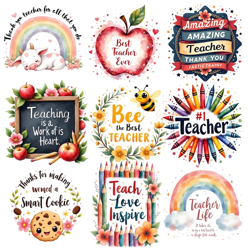 May include: A collection of colorful teacher-themed designs. The designs include a rainbow, an apple with the text "Best Teacher Ever", a chalkboard with the text "Teaching is a Work of is Heart", and a cookie with the text "Smart Cookie".