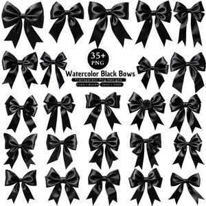 May include: A collection of 35+ black bow illustrations in PNG format. The image features various black ribbon bow designs with different shapes and styles, including text that reads 35+ PNG Watercolor Black Bows Transparent Png Designs Clipart BUNDLE 2000 x 2000.