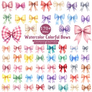 Könnte beinhalten: Eine Sammlung von Aquarellschleifen in verschiedenen Farben und Mustern, darunter einfarbige, gepunktete und karierte Designs. Das Bild enthält Text mit der Aufschrift 170+ PNG, Watercolor Colorful Bows, Transparent Png Designs und Clipart BUNDLE 2000 x 2000.
