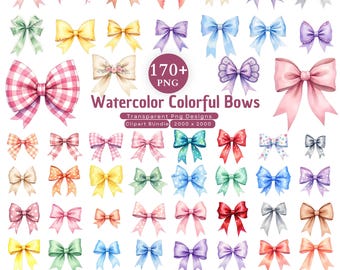 Paquete de más de 170 imágenes prediseñadas PNG de lazos de acuarela, lindas imágenes prediseñadas de cintas, lazos en tonos pastel PNG, gráficos de lazos coquetos, diseño estético de lazos, descarga instantánea.