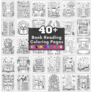 May include: A collection of 40+ black and white coloring pages featuring various reading-themed illustrations. Images include animals reading books, stacks of books, and cozy reading nooks. The text "Book Reading Coloring Pages" is visible.