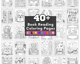 Puede incluir: Una colección de más de 40 páginas para colorear en blanco y negro con ilustraciones sobre el tema de la lectura. Las imágenes incluyen animales leyendo libros, montones de libros y rincones de lectura acogedores. El texto "Book Reading Coloring Pages" es visible.