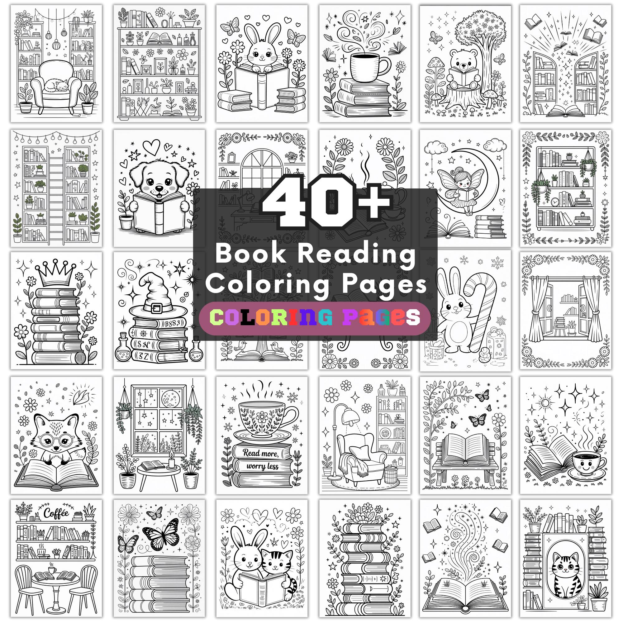 Cozy Book Coloring Pages for Adults, Reading Nook & Bookshelf Tracker ...