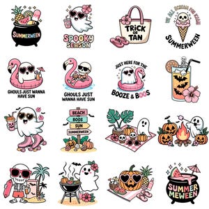 May include: A collection of sixteen digital illustrations featuring ghosts, skeletons, pumpkins, and tropical summer elements. The designs include text such as Summerween, Spooky Season, Trick or Tan, We All Scream for Iceam, Ghouls Just Wanna Have Sun, and Booze & Boos, rendered in a colorful, cartoonish style with pink, orange, and black accents.