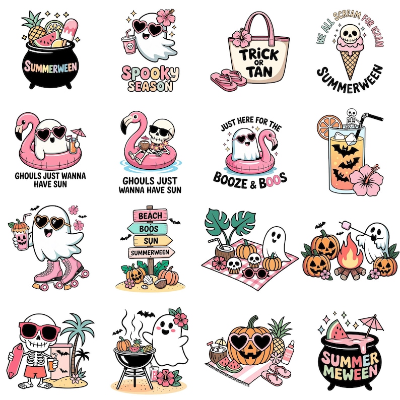 May include: A collection of sixteen digital illustrations featuring ghosts, skeletons, pumpkins, and tropical summer elements. The designs include text such as Summerween, Spooky Season, Trick or Tan, We All Scream for Iceam, Ghouls Just Wanna Have Sun, and Booze & Boos, rendered in a colorful, cartoonish style with pink, orange, and black accents.