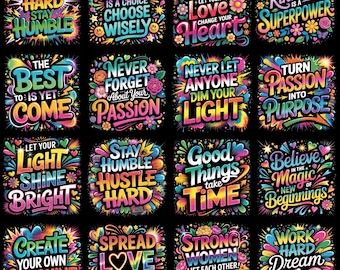 Paquete de 60 frases motivacionales en formato PNG, citas inspiradoras para camisetas, diseños de frases con mentalidad positiva, imágenes PNG de motivación coloridas para sublimación.