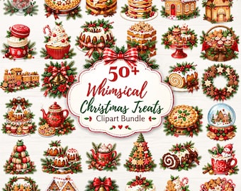 50+ Whimsical Christmas Treats Clipart PNG Bundle, Christmas Dessert PNG, Holiday Illustration PNG, Christmas Baking Clipart, Festive Food