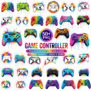 Puede incluir: Una colección de diseños de mandos de videojuegos coloridos con fondos de salpicaduras de pintura vibrantes. La imagen incluye varios estilos de mandos en un arcoíris de colores, con el texto "GAME CONTROLLER" y "TRANSPARENT PNG DESIGNS".